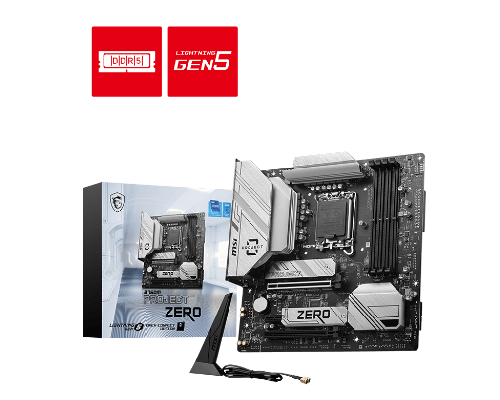 Tarjeta Madre MSI B760M Project Zero / LGA1700 / DDR5 / mATX / PCIe 5.0 / Ranuras M.2 / LAN de 2.5Gbps / USB 3.2 / Gen2 / Wi-Fi 6E / Back Connect / MSI B760M PROJECT ZERO