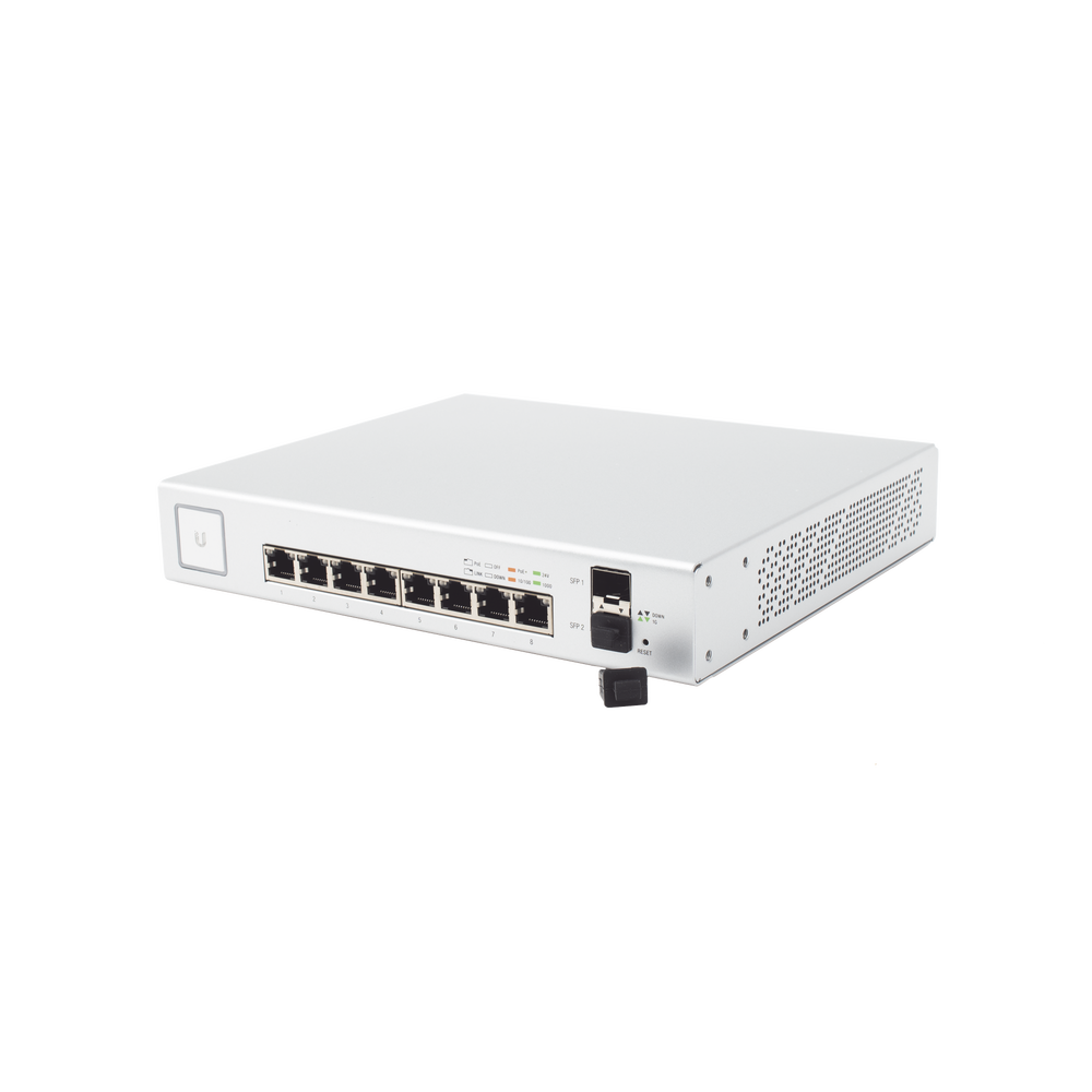 Switch UniFi Administrable de 8 Puertos Gigabit PoE+ 802.3at/af y PoE Pasivo 24V.
