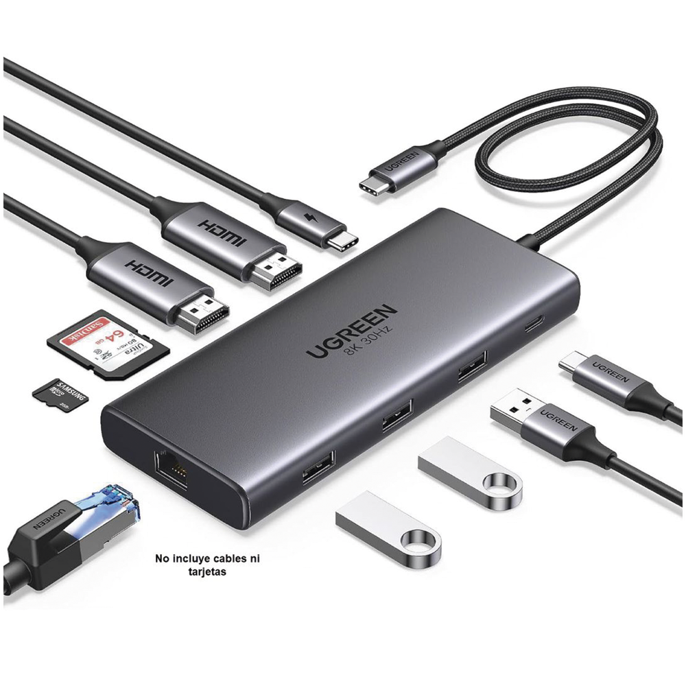 HUB USB-C (Docking Revodok Pro 210) 10 en 1 | 2 Puertos HDMI 8K,4K@60Hz | 3 USB-A | USB-C (5Gbps) | USB-C PD Carga 100W | RJ45 (Gigabit Ethernet) | Lector Tarjetas SD + Micro SD (TF) Simultáneo | Carcasa de Aluminio. - Image 2