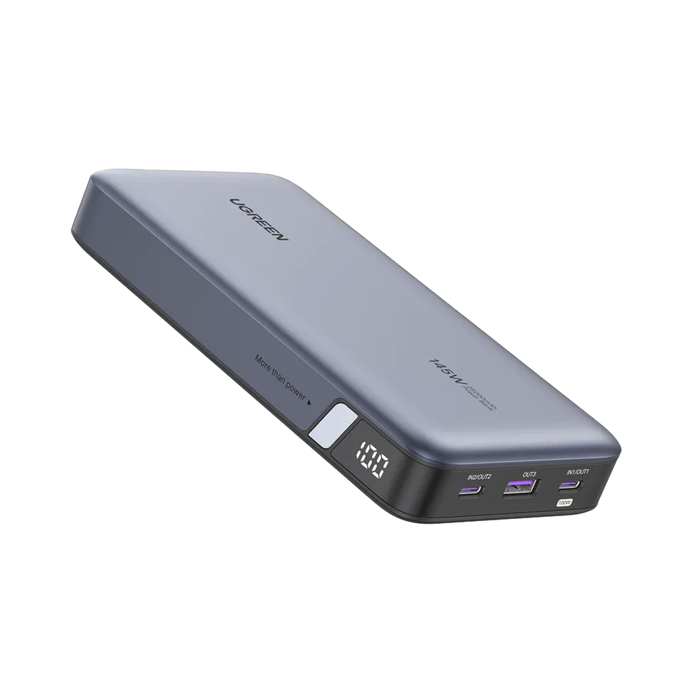 Power Bank de 25000mAh | 3 Salidas 145W Max. | USB-A + 2 USB-C | PD 3.0, QC3.0 | FCP | SCP | Pantalla Inteligente | Carcasa Ignifuga | Color Gris | Incluye Cable USB de 50cm | Carga tu Laptop de Manera Segura.