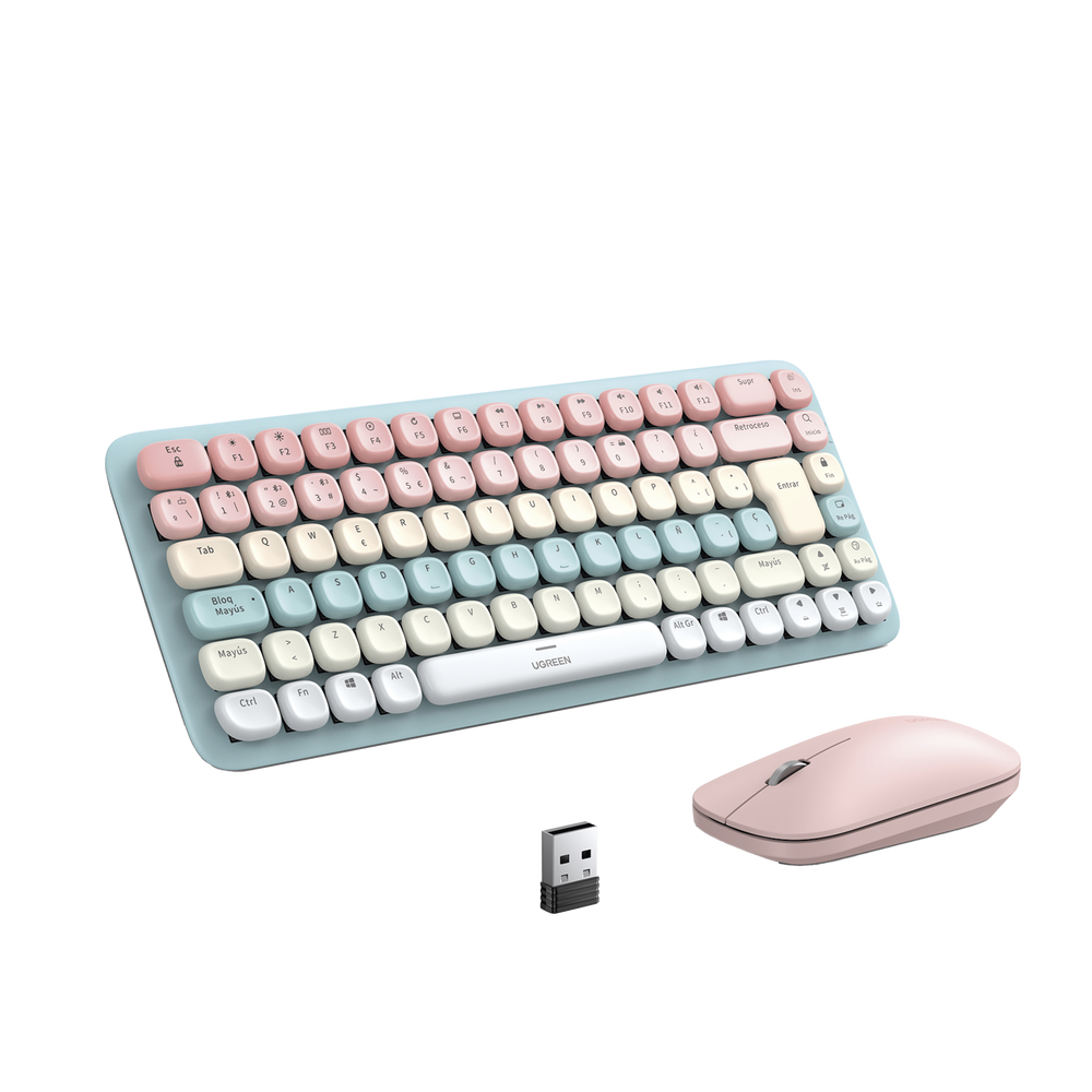 Paquete de Teclado y Mouse Inalámbrico UGREEN / Conexión Dual (2.4GHz y Bluetooth 5.0) / Recargable / Diseño Ergonómico / Color Rosa