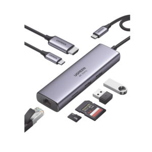 HUB USB-C (Docking Station) 7 en 1 | 2 USB-A 3.0 (5Gbps) | 1 USB-C PD Carga 100W | HDMI 4K@60Hz | RJ45 (Gigabit Ethernet) | Lector Tarjetas SD + Micro SD (TF) Uso Simultáneo | Cable de Nylon Trenzado | Caja de Aluminio.