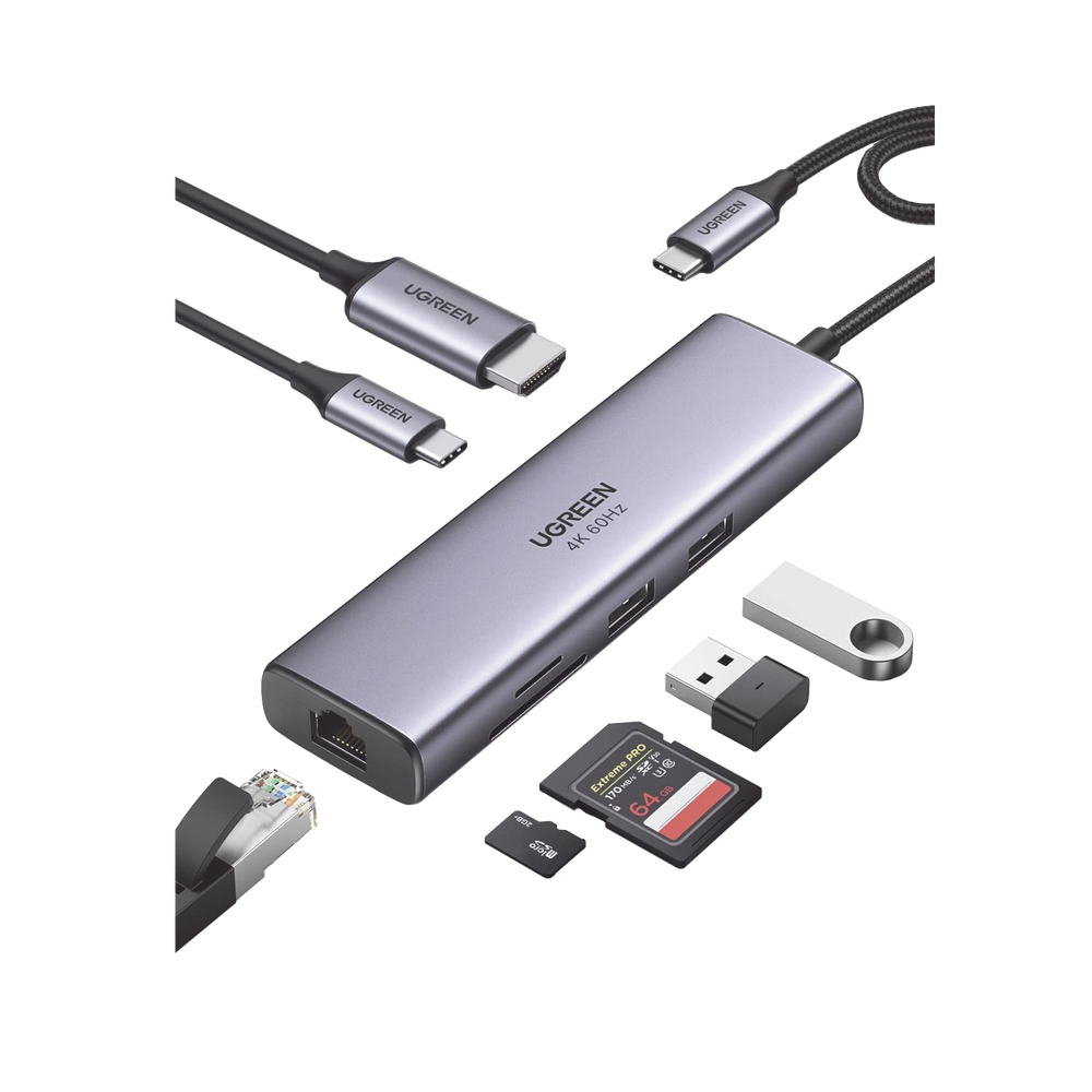 HUB USB-C (Docking Station) 7 en 1 | 2 USB-A 3.0 (5Gbps) | 1 USB-C PD Carga 100W | HDMI 4K@60Hz | RJ45 (Gigabit Ethernet) | Lector Tarjetas SD + Micro SD (TF) Uso Simultáneo | Cable de Nylon Trenzado | Caja de Aluminio.