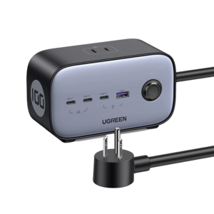 Cargador de Escritorio y Tomacorriente Múltiple | 3 Puertos USB-C | 1 Puertos USB-A | 3 Tomacorriente de CA | Tecnología GaN II | 1 USB 100W PD | Carga Rápida | Diseño Innovador en Forma de Cubo | Interruptor de Apagado.