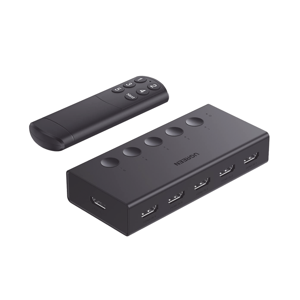Conmutador HDMI 5X1 | 4K@60Hz | HDMI 2.0, 1.4 | HDCP 2.2, 1.4 | VRR | Dynamic HDR | 3D | CEC | EDID | IR 10m | 18Gbps | Cambio Manual y por Control Remoto | Incluye Cable de Alimentación USB