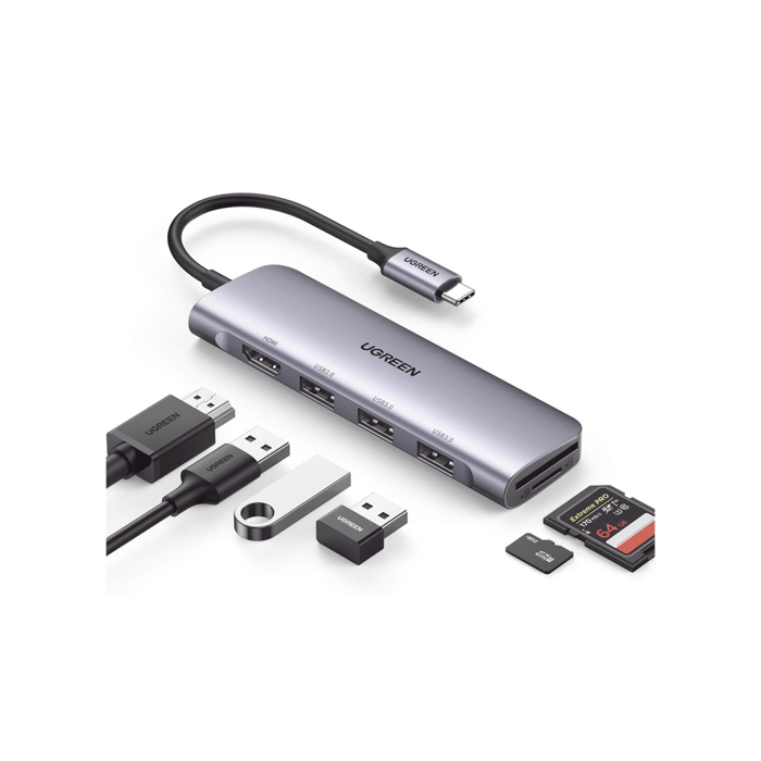 HUB USB-C (Docking Station) 6 en 1 | HDMI 4K@30Hz | 3 Puertos USB 3.0 | Lector Tarjeta SD + Micro SD (TF) Uso Simultáneo | Chip de Última Generación | Potente Disipación de Calor | Caja de Aluminio.