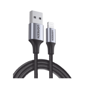 Cable USB-A a Lightning | 1 Metro | Certificado MFi | Carga Rápida 5V/2.4 A | 480 Mbps | Conector C94 | Adecuado para iPhone, iPad y iPod | Protección Integrada | Caja de Aluminio | Nylon Trenzado | Color Negro.