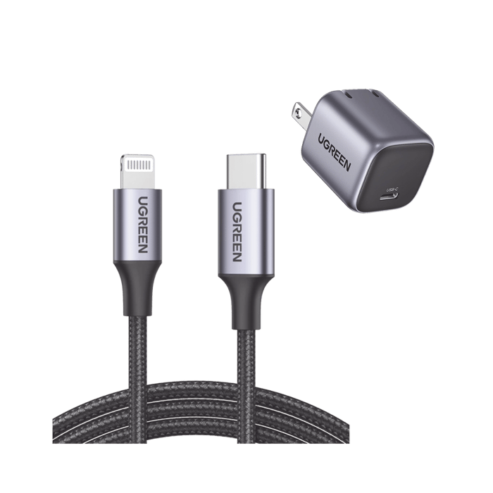 Kit de Cargador de 20w Tecnología GaN y Cable Lightning Certificado MFi / Incluye 1 Pza. 90902 / 1 Pza. 60759 / Tecnología Inteligente / Carga Rápida / Cable de 1 Metro / Carcasa de Aluminio / Nylon Trenzado
