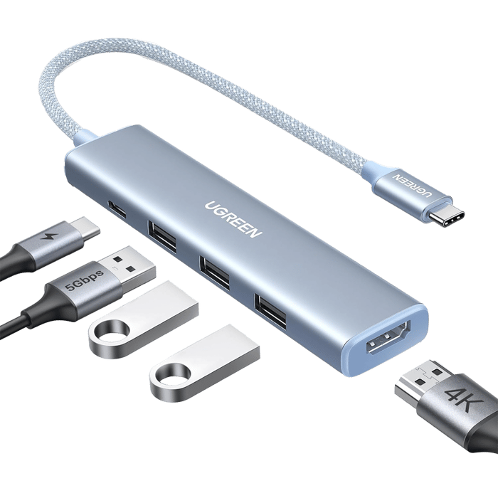 HUB USB-C (Docking Revodok) 5 en 1 | HDMI 2.0 4K@30Hz | 3 USB-A 3.0 (5Gbps) | USB-C PD Carga 100W | Chip de Última Generación | Cable de Nylon Trenzado de 25 cm | Carcasa de Aluminio | Color Azul.