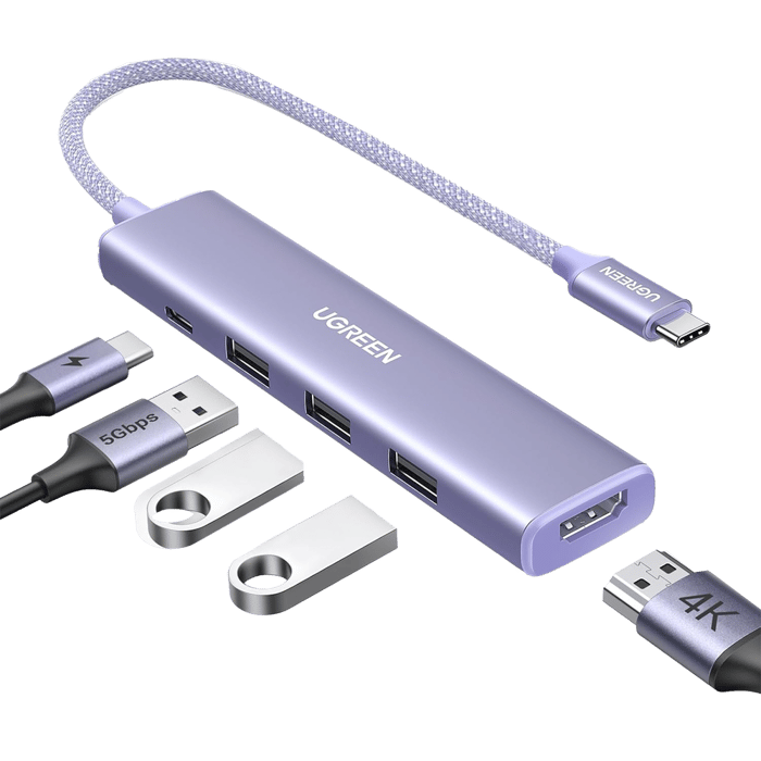 HUB USB-C (Docking Revodok) 5 en 1 | HDMI 2.0 4K@30Hz | 3 USB-A 3.0 (5Gbps) | USB-C PD Carga 100W | Chip de Última Generación | Cable de Nylon Trenzado de 25 cm | Carcasa de Aluminio | Color Morado.