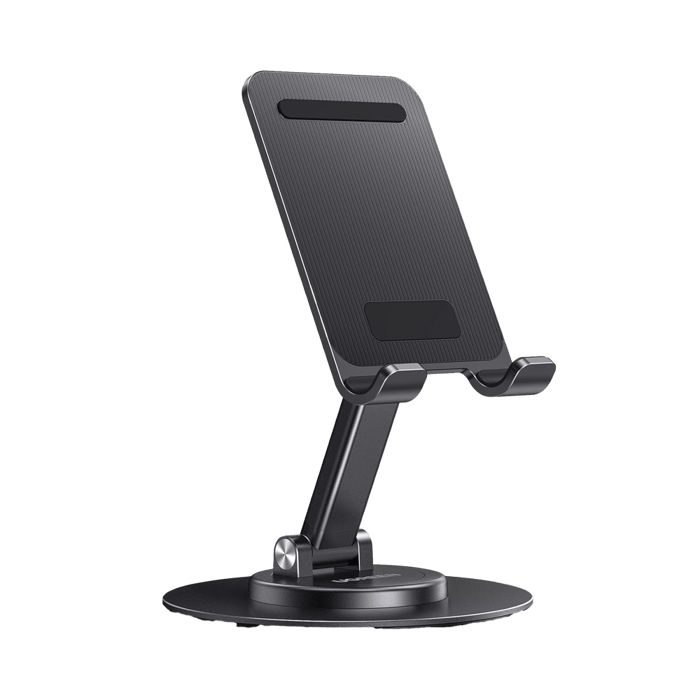 Soporte para Teléfono Celular Giratorio | 360° de Rotación | Angulo Ajustable | Altura Ajustable 17-20cm | Antideslizante | Ejes Giratorios de Alta Precisión| Plegable | Aluminio | Color Gris