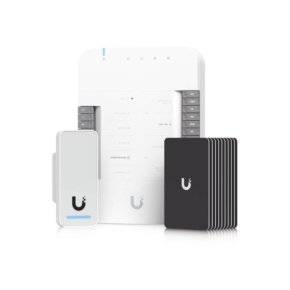 UniFi Access Kit de Inicio Gen 2, Incluye Hub para conexiones, lector NFC y movimiento / 10 tarjetas de acceso / sistema completo para abrir una puerta