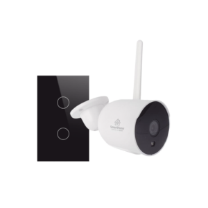 Kit de Seguridad Inteligente / 1 Cámara Wi-Fi 1080p / Apagador Inteligente Wi-Fi 3 Regresos / Control por App y Voz / Vidrio Templado / Compatible con Alexa y Google Home