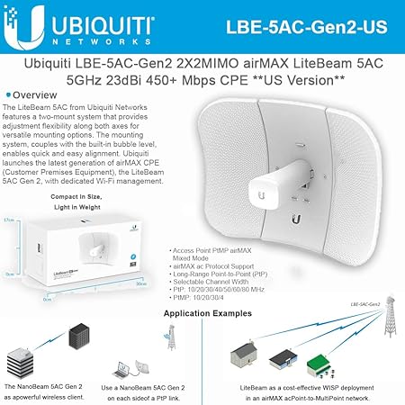 CPE Ubiquiti LiteBeam 5AC Gen2 LBE-5AC-GEN2 / 5 GHz / airMAX ac / 23 dBi / 450+ Mbps / Alcance 15+ km / 2x2 MIMO / Radio de Gestión Dedicado / Uso Exterior - Image 2