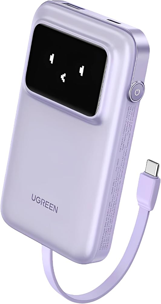 Power Bank Serie UNO 10000mAh / 30W / Cable USB-C Integrado / 2 Salidas de Carga Rápida / Pantalla Inteligente / Carcasa Ignífuga / Aprobado por Aerolíneas / Color Purple